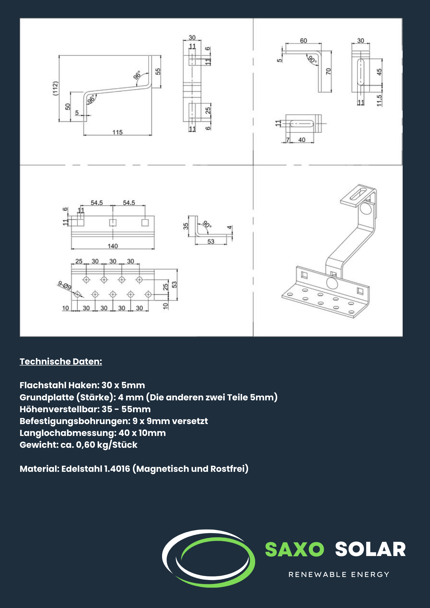 Dachhaken 3-fach verstellbar Edelstahl